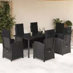   7 részes fekete polyrattan kerti étkezőgarnitúra párnával