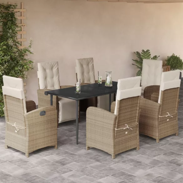 7 részes bézs polyrattan kerti étkezőgarnitúra párnákkal