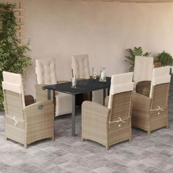 7 részes bézs polyrattan kerti étkezőgarnitúra párnákkal