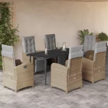 7 részes bézs polyrattan kerti étkezőgarnitúra párnákkal