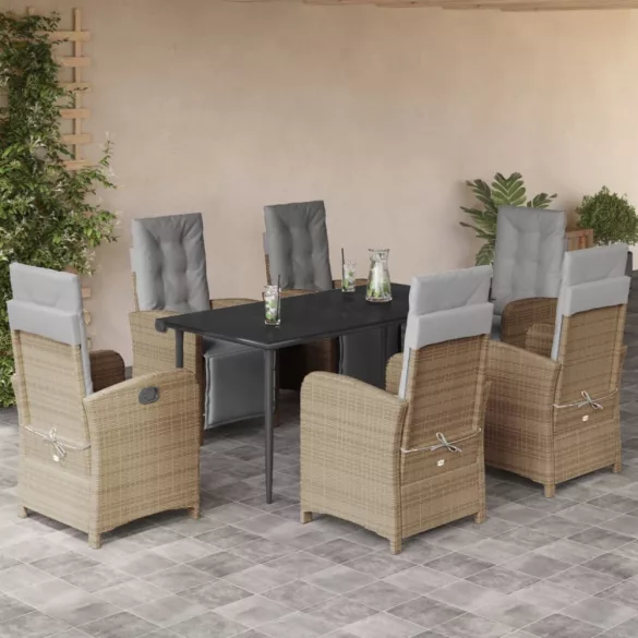 7 részes bézs polyrattan kerti étkezőgarnitúra párnákkal