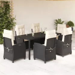   7 részes fekete polyrattan kerti étkezőgarnitúra párnával
