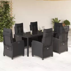   7 részes fekete polyrattan kerti étkezőgarnitúra párnával