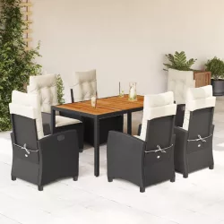   7 részes fekete polyrattan kerti étkezőgarnitúra párnával