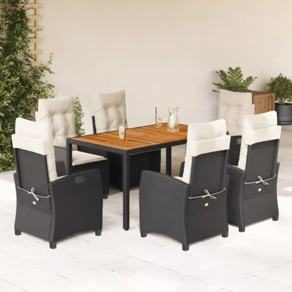 7 részes fekete polyrattan kerti étkezőgarnitúra párnával