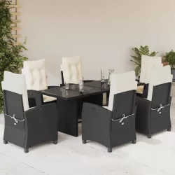   7 részes fekete polyrattan kerti étkezőgarnitúra párnával