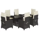 7 részes fekete polyrattan kerti étkezőgarnitúra párnával