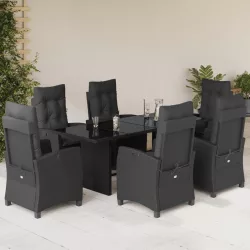   7 részes fekete polyrattan kerti étkezőgarnitúra párnával