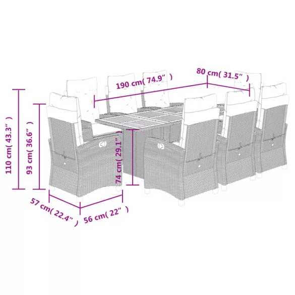 9 részes fekete polyrattan kerti étkezőgarnitúra párnákkal