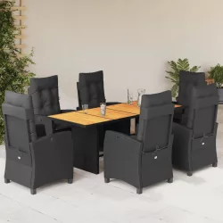   7 részes fekete polyrattan kerti étkezőgarnitúra párnával