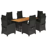 7 részes fekete polyrattan kerti étkezőgarnitúra párnával