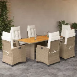   7 részes bézs polyrattan kerti étkezőgarnitúra párnákkal