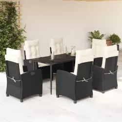   7 részes fekete polyrattan kerti étkezőgarnitúra párnával