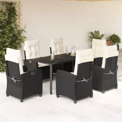   7 részes fekete polyrattan kerti étkezőgarnitúra párnával