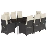 9 részes fekete polyrattan kerti étkezőgarnitúra párnákkal