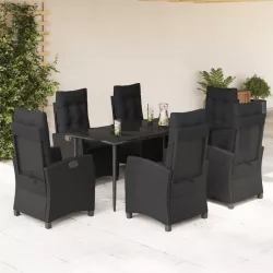  7 részes fekete polyrattan kerti étkezőgarnitúra párnával