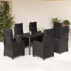   7 részes fekete polyrattan kerti étkezőgarnitúra párnával