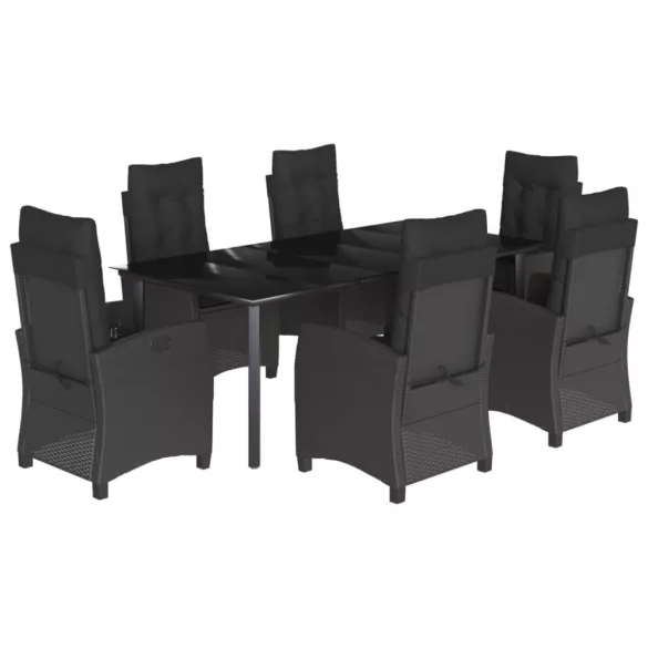 7 részes fekete polyrattan kerti étkezőgarnitúra párnával