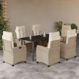 7 részes bézs polyrattan kerti étkezőgarnitúra párnákkal