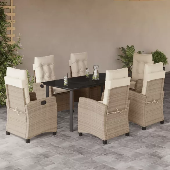 7 részes bézs polyrattan kerti étkezőgarnitúra párnákkal