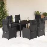 7 részes fekete polyrattan kerti étkezőgarnitúra párnával