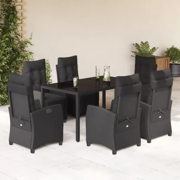 7 részes fekete polyrattan kerti étkezőgarnitúra párnával