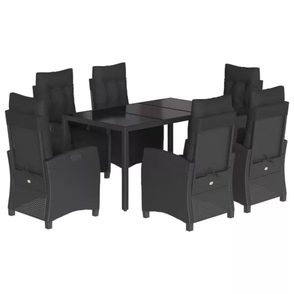 7 részes fekete polyrattan kerti étkezőgarnitúra párnával