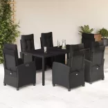 7 részes fekete polyrattan kerti étkezőgarnitúra párnával
