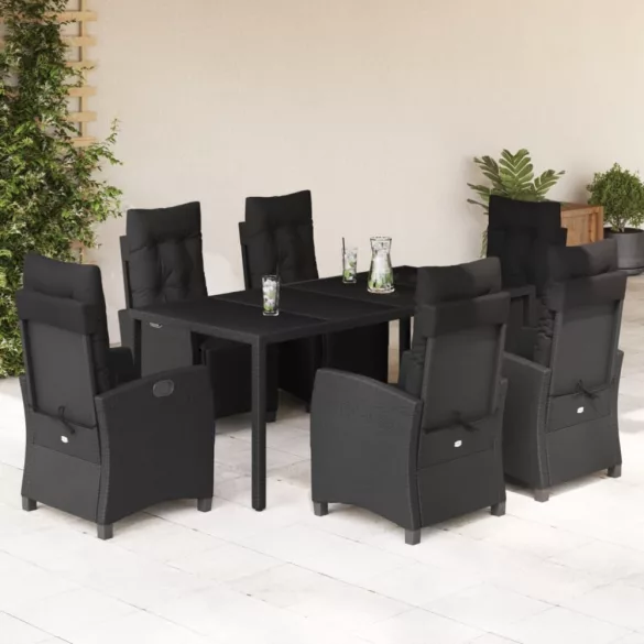 7 részes fekete polyrattan kerti étkezőgarnitúra párnával