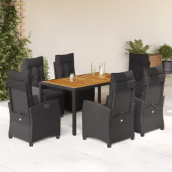   7 részes fekete polyrattan kerti étkezőgarnitúra párnával