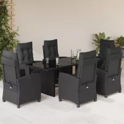   7 részes fekete polyrattan kerti étkezőgarnitúra párnával