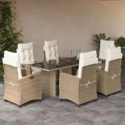   7 részes bézs polyrattan kerti étkezőgarnitúra párnákkal