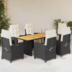   7 részes fekete polyrattan kerti étkezőgarnitúra párnával