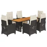 7 részes fekete polyrattan kerti étkezőgarnitúra párnával