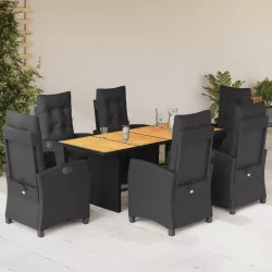   7 részes fekete polyrattan kerti étkezőgarnitúra párnával
