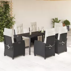   7 részes fekete polyrattan kerti étkezőgarnitúra párnával