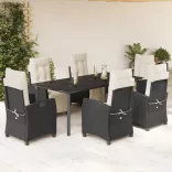 7 részes fekete polyrattan kerti étkezőgarnitúra párnával