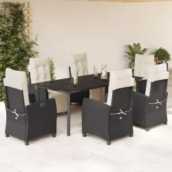   7 részes fekete polyrattan kerti étkezőgarnitúra párnával