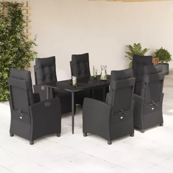 7 részes fekete polyrattan kerti étkezőgarnitúra párnával