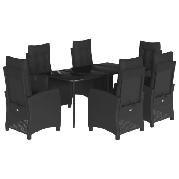 7 részes fekete polyrattan kerti étkezőgarnitúra párnával