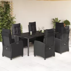   7 részes fekete polyrattan kerti étkezőgarnitúra párnával