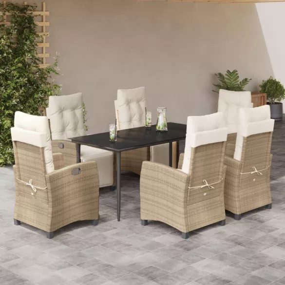 7 részes bézs polyrattan kerti étkezőgarnitúra párnákkal