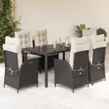 7 részes fekete polyrattan kerti étkezőgarnitúra párnával