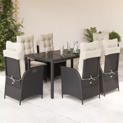   7 részes fekete polyrattan kerti étkezőgarnitúra párnával