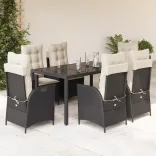 7 részes fekete polyrattan kerti étkezőgarnitúra párnával