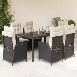   7 részes fekete polyrattan kerti étkezőgarnitúra párnával