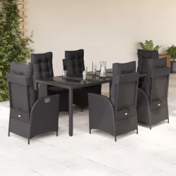  7 részes fekete polyrattan kerti étkezőgarnitúra párnával