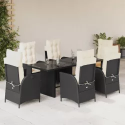   7 részes fekete polyrattan kerti étkezőgarnitúra párnával