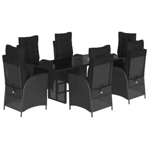 7 részes fekete polyrattan kerti étkezőgarnitúra párnával