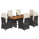 7 részes fekete polyrattan kerti étkezőgarnitúra párnával